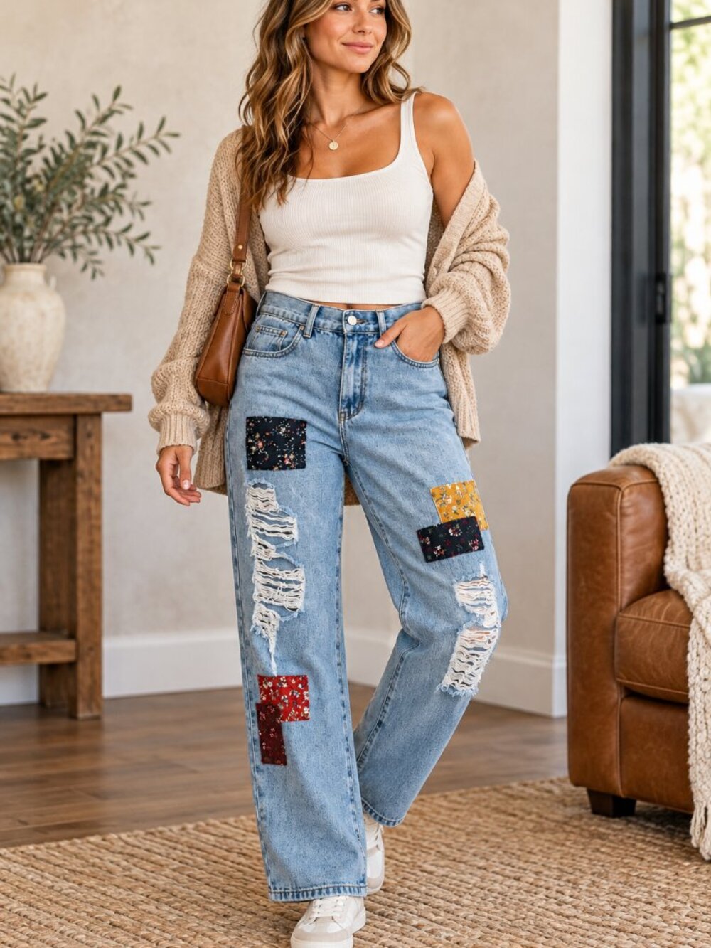Cider Patchwork Distressed Jeans Floral Ripped Wide Leg Boho Y2K L